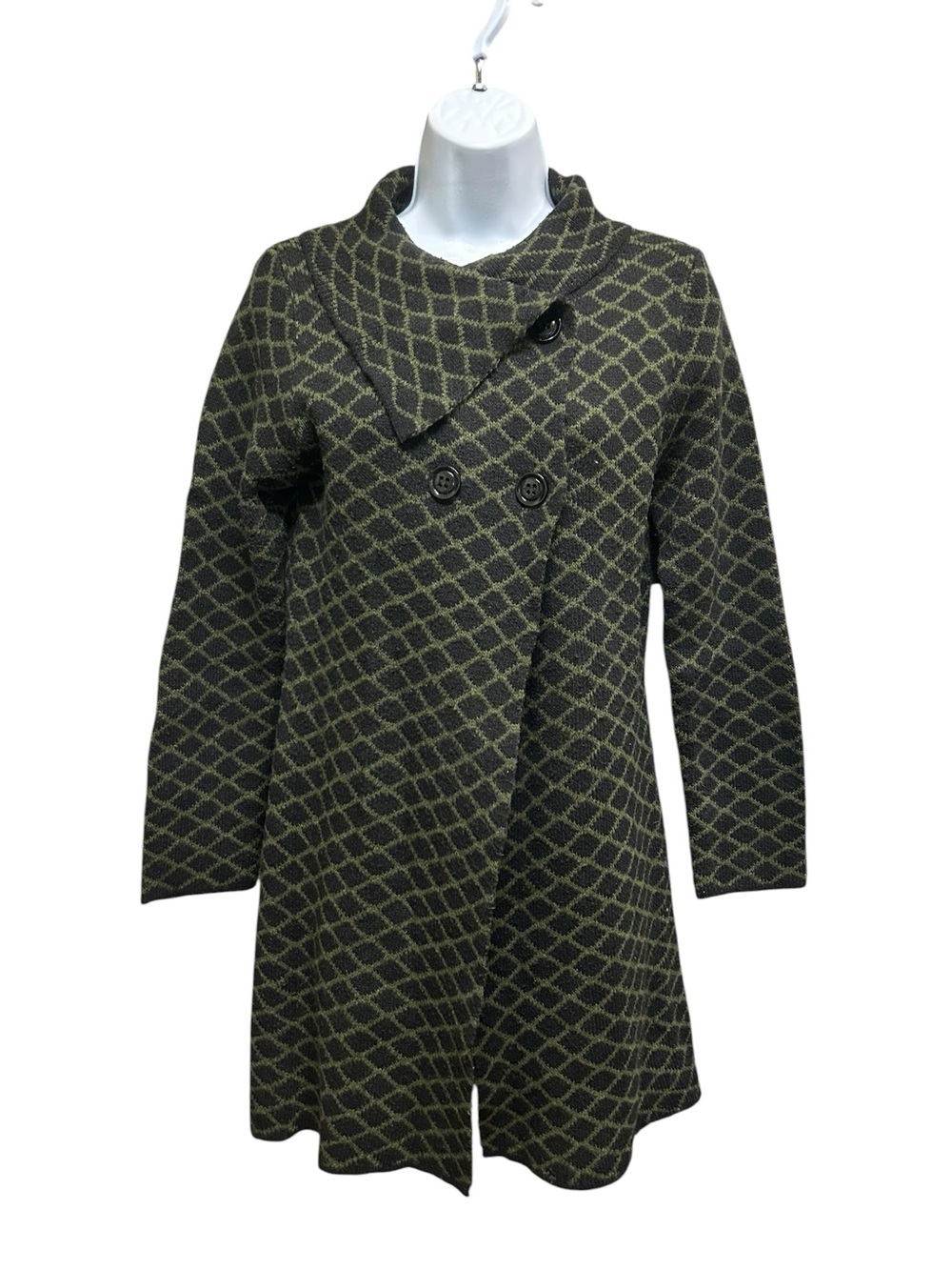 Papillon Geometric Longline Double Breasted Knit Cardigan Coat Green Size S